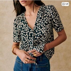 Sezane Indira Daisies Blouse - Black and White, Size 14/46